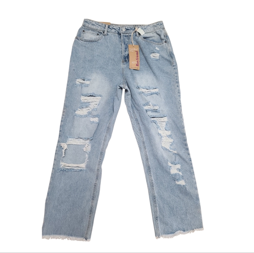 Vanilla Star Nwt Distressed Light Blue Jeans, 90's Boyfriend, Size 11